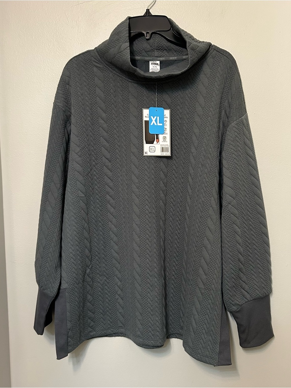 RBX Cable Quilted Cowl Neck Tunic w/ Side Slits new sweater Athleisure green